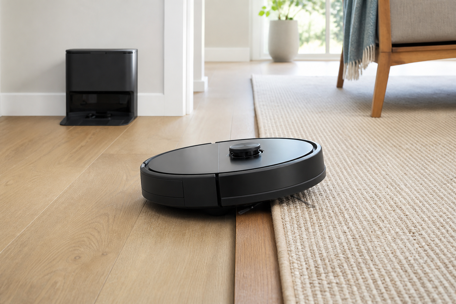 Robotstofzuiger rijdt van een houten vloer over een lage drempel naar een vloerkleed