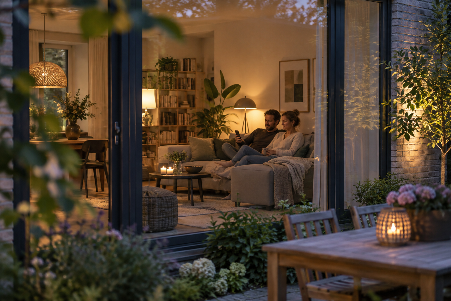 Illustratie: verlichte woonkamer achter een screen in de avond