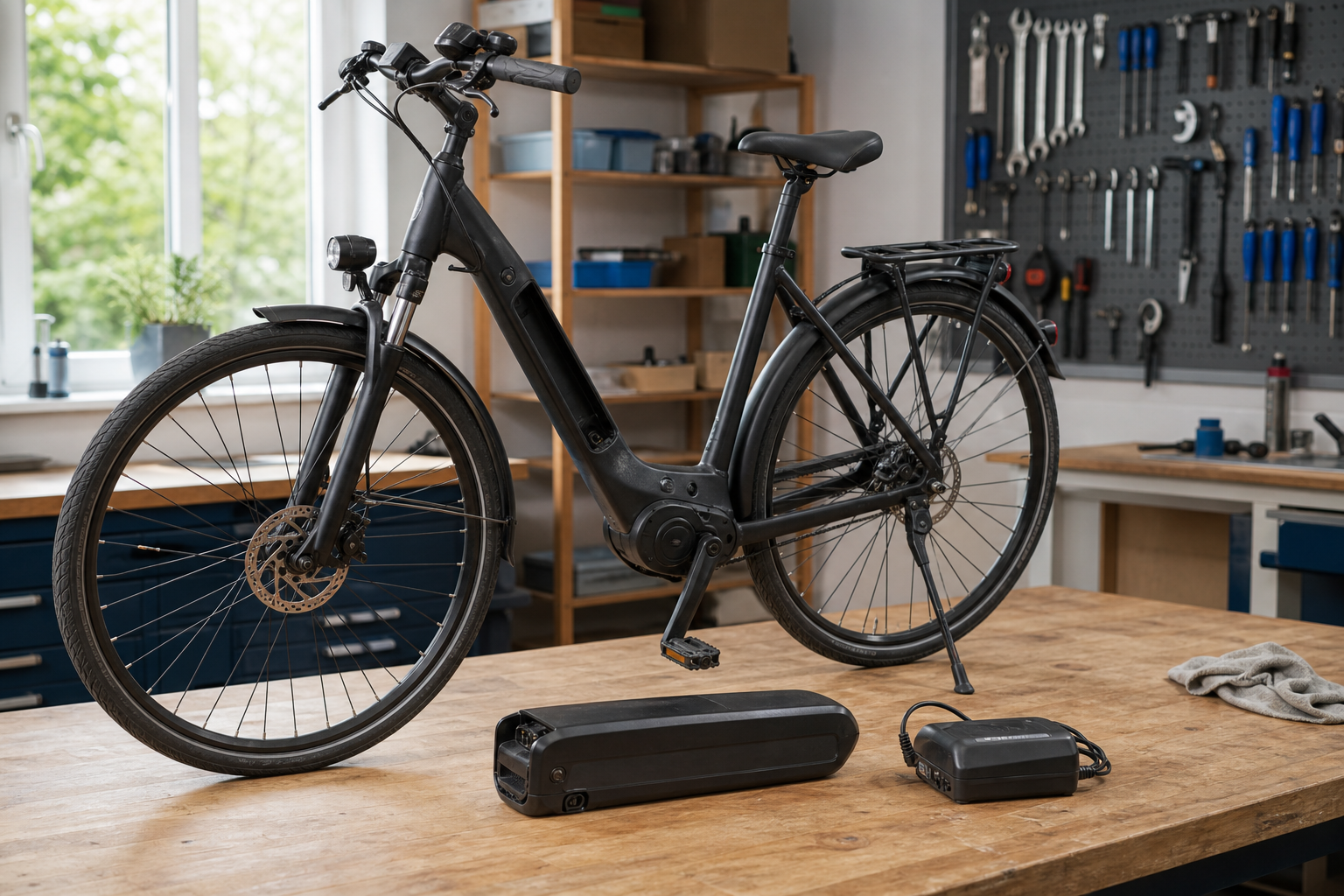 Tweedehands elektrische fiets met uitgenomen accu en lader naast een werkbank